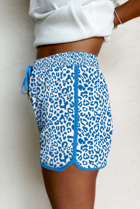 Leopard Print Elastic Waist Drawstring Contrast Trim Lounge Shorts